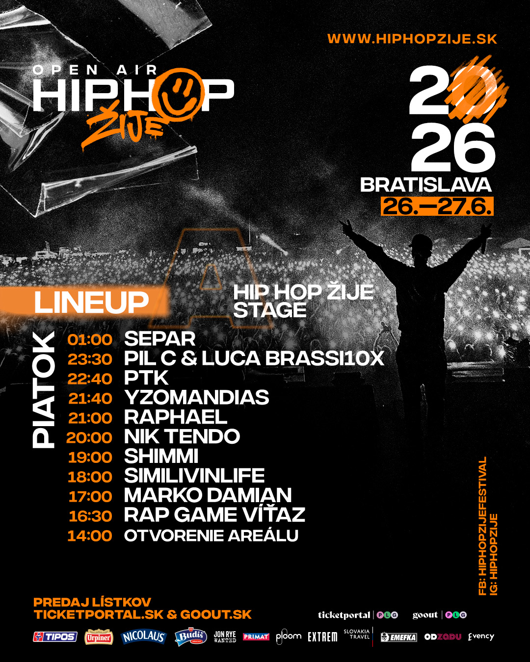 Časový harmonogram — Piatok, Hip Hop Žije Stage