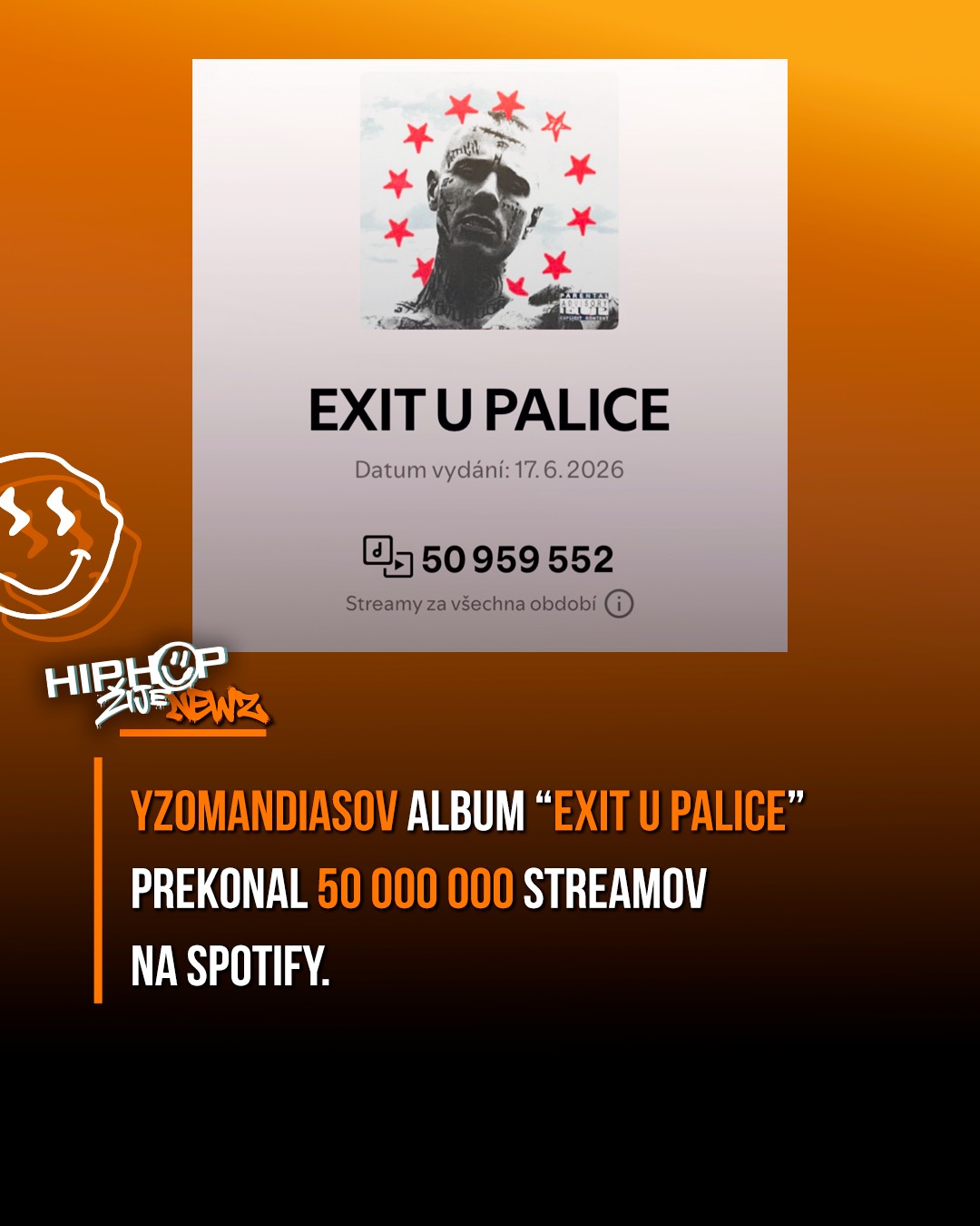 🔥 HHŽ NEWZ: YZOMANDIAS Yzomandiasov album „Exit U Palice“ prekonal hranicu 50 miliónov streamov na Spotify. 💿🔥 Album 